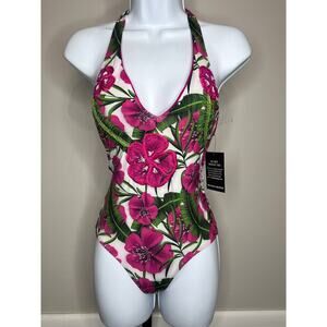 Boston Proper Tropical Floral Embellished Halter One Piece Swimsuit NWT XXS